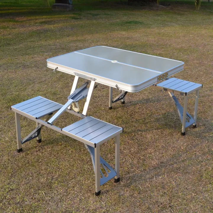 Set masă și 4 scaune pliabile pentru camping, picnic și grădină, aluminiu/PVC, tip geamantan, argintiu