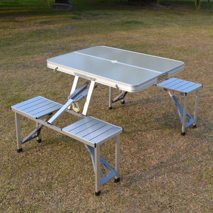 Set masă și 4 scaune pliabile pentru camping, picnic și grădină, aluminiu/PVC, tip geamantan, argintiu