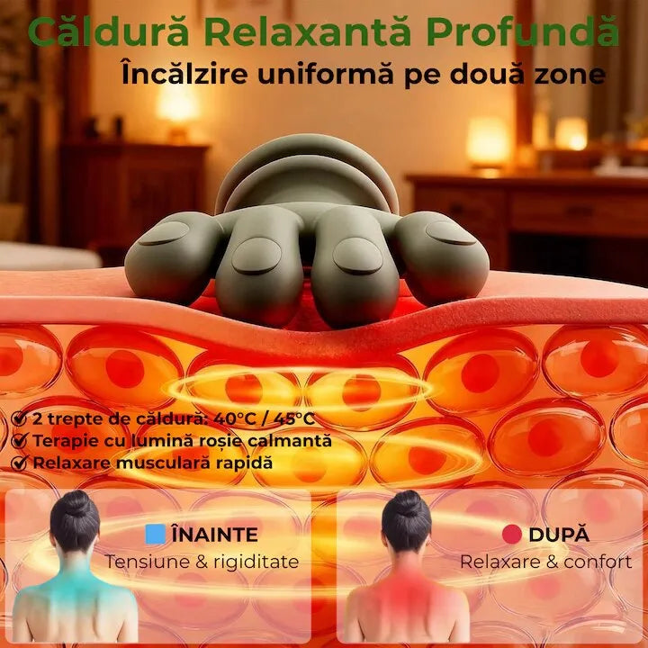 Aparat masaj 4D Shiatsu, pentru gât, umeri și picioare, încălzire 40–45°C, 3 moduri, fără fir