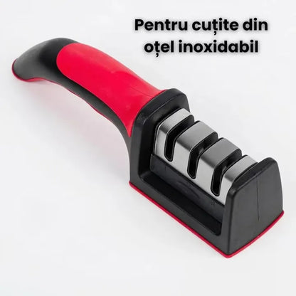 Ascuțitor cuțite manual, 3 sloturi din oțel, bază antiderapantă și mâner ergonomic ABS