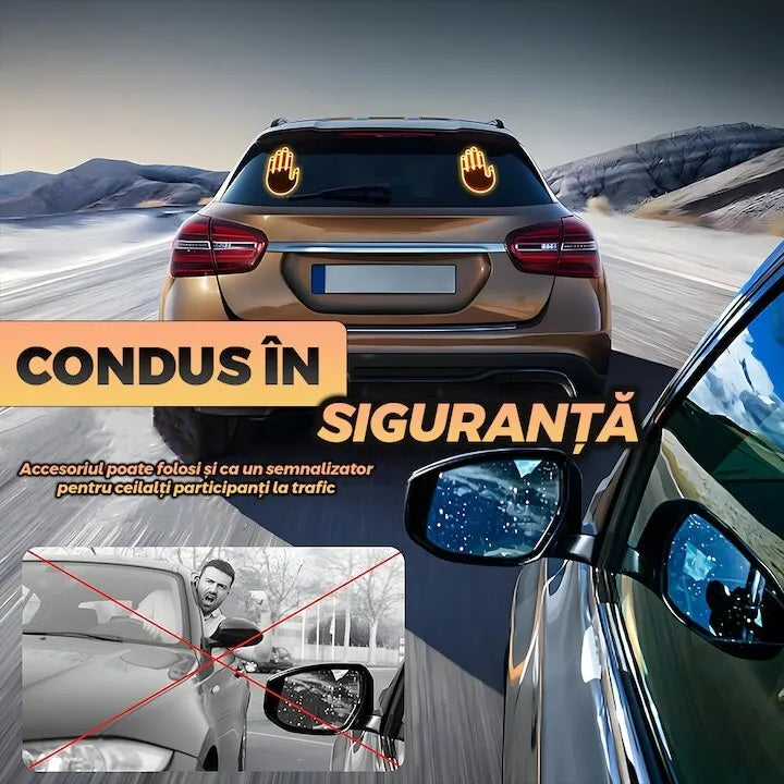 Semn LED auto cu telecomandă, control gestual, 4 moduri afișare, montaj pe lunetă, 15 cm