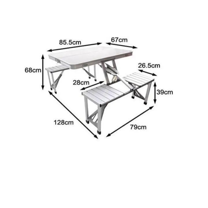 Set masă și 4 scaune pliabile pentru camping, picnic și grădină, aluminiu/PVC, tip geamantan, argintiu