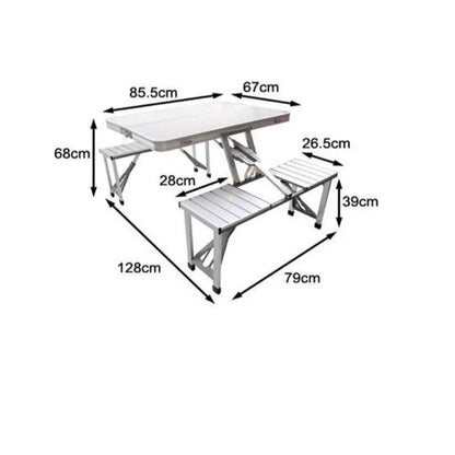 Set masă și 4 scaune pliabile pentru camping, picnic și grădină, aluminiu/PVC, tip geamantan, argintiu