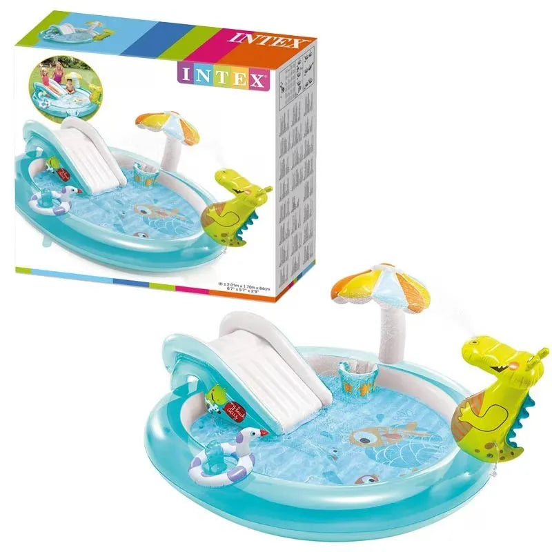 Piscină gonflabilă INTEX pentru copii, centru de joacă crocodil, cu tobogan, parasolar și pulverizare apă