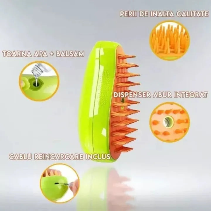 Perie 3 în 1 pentru animale de companie, cu aburi, pulverizator și dozator integrat, reîncărcare USB, pentru pisici și câini
