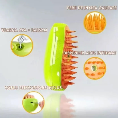 Perie 3 în 1 pentru animale de companie, cu aburi, pulverizator și dozator integrat, reîncărcare USB, pentru pisici și câini