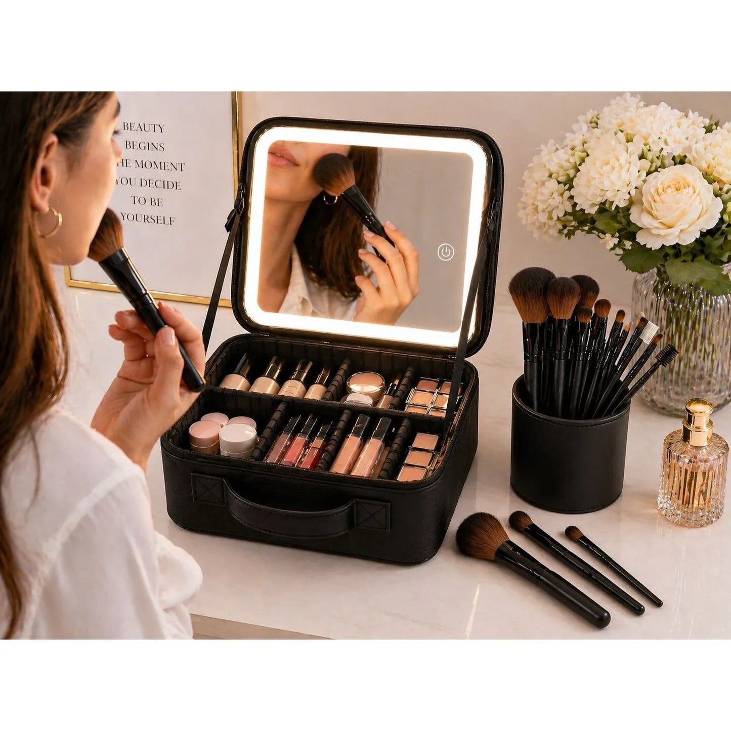 Geantă cosmetice cu oglindă LED, compartimente reglabile, capacitate mare, organizator machiaj, pentru călătorii