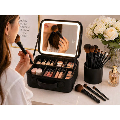 Geantă cosmetice cu oglindă LED, compartimente reglabile, capacitate mare, organizator machiaj, pentru călătorii