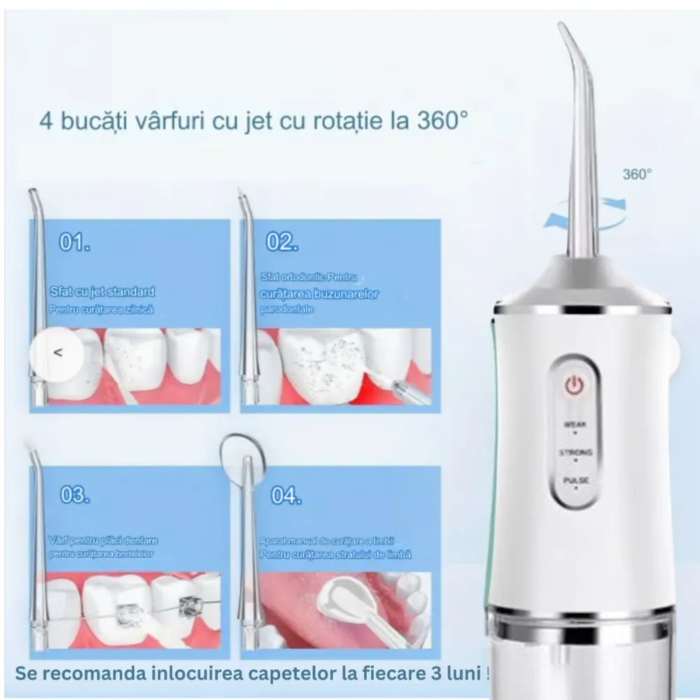 Irigator bucal portabil, 140 PSI, 4 programe, rezervor 220 ml, duze 360° și acumulator 1400mAh