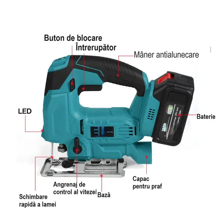 Fierăstrău pendular fără fir, 2 acumulatori 48V, variator turație 3200 rpm, 2 pânze incluse, valiză transport