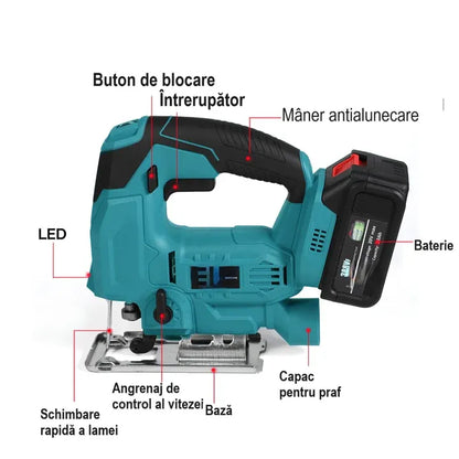Fierăstrău pendular fără fir, 2 acumulatori 48V, variator turație 3200 rpm, 2 pânze incluse, valiză transport
