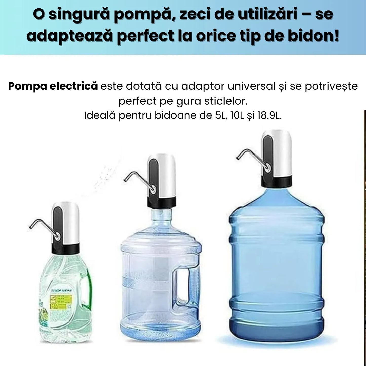 Pompă electrică pentru apă, dozator portabil pentru bidon 5–20L, USB, baterie 1200mAh, tub inox