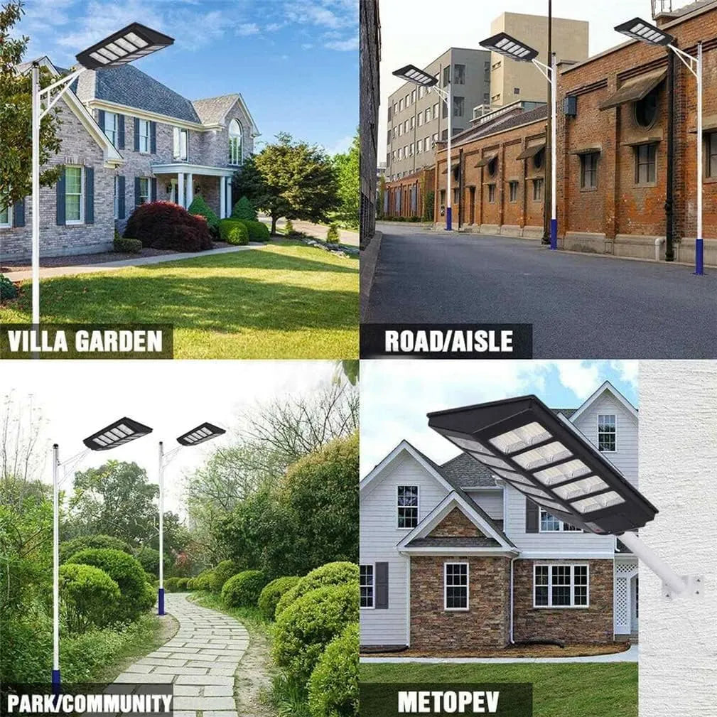 Lampă solară stradală 600W/800W/1000W, telecomandă, senzor mișcare, panou solar, suport metalic, IP65