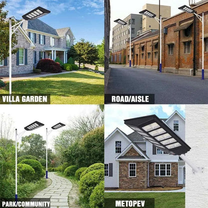 Lampă solară stradală 600W/800W/1000W, telecomandă, senzor mișcare, panou solar, suport metalic, IP65