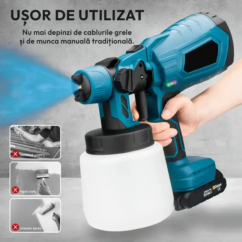 Pistol electric de vopsit cu acumulator 48V, 2 baterii, rezervor 1000 ml, debit reglabil, 1200 ml/min