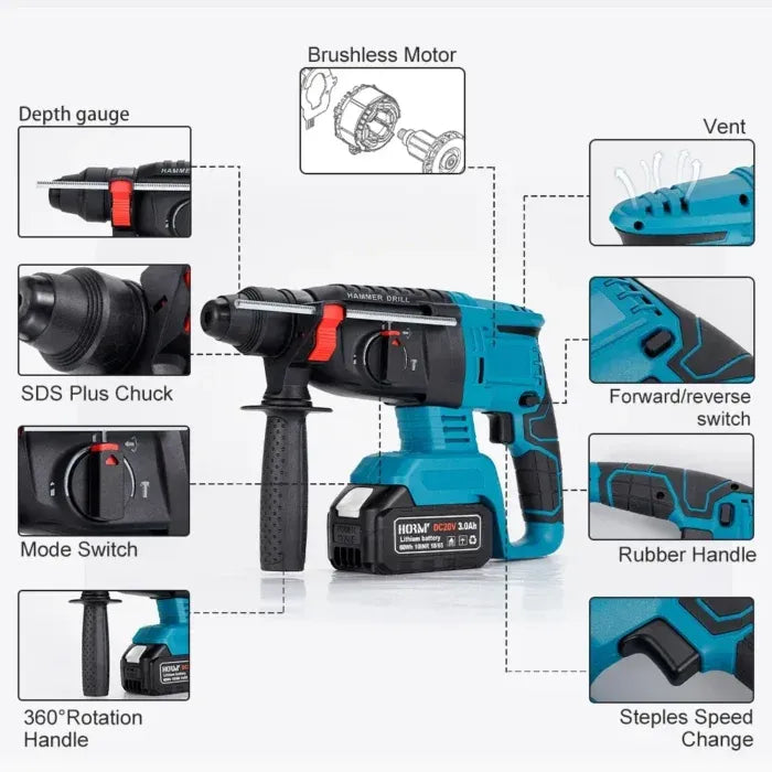 Bormașină cu percuție fără fir Brushless, 1850W, 2 acumulatori 18V, SDS Plus, 4 moduri de lucru