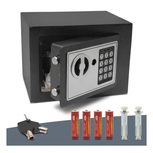 Seif electronic compact, 17 x 23 x 17 cm, cod PIN, cheie de rezervă și construcție metalică
