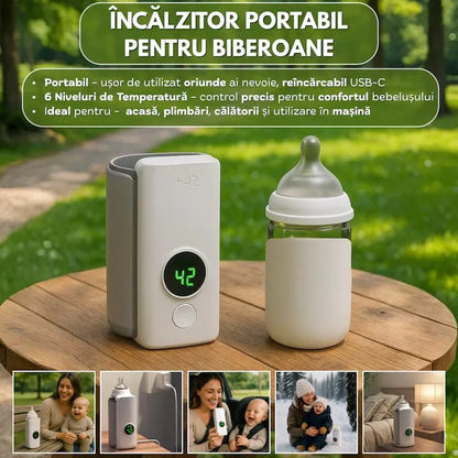 Încălzitor portabil biberoane, ecran digital, baterie 6000mAh, USB-C, temperatură reglabilă