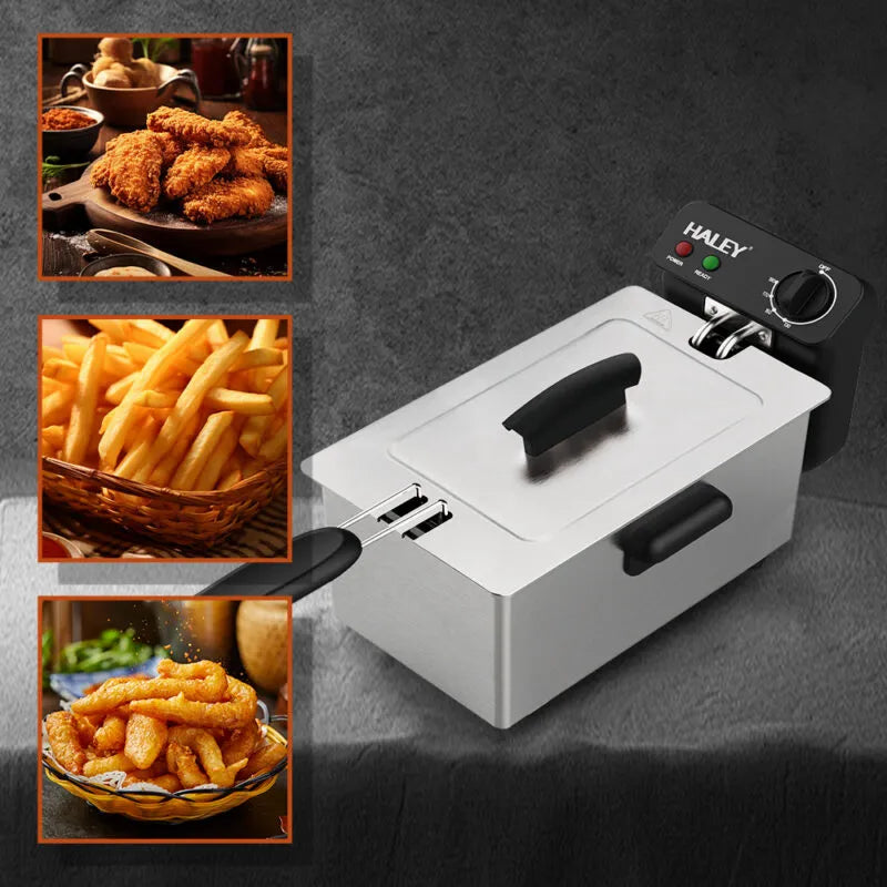 Friteuză electrică HALEY cu ulei, 4L, 2000W, termostat reglabil 120–190°C, inox, coș prăjire, argintiu