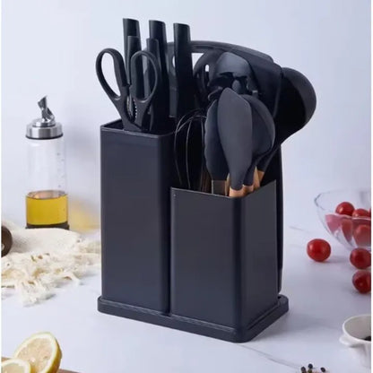 Set ustensile bucătărie 19 piese, silicon și inox, cu 5 cuțite, tocător, foarfecă și suport