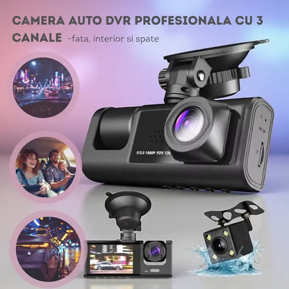Cameră auto DVR triplă, Full HD 1080P, 3 camere față/spate/interior, unghi 170° și night vision