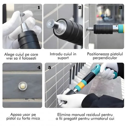 Kit pistol manual pentru fixare cuie, reglaj putere 5 trepte, pentru beton, lemn și metal, 50 cuie incluse