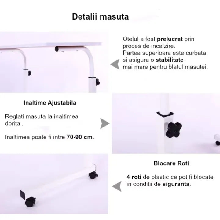 Masă laptop reglabilă pe înălțime, 70–90 cm, blat 40 x 60 cm, cu roți, structură din oțel și lemn
