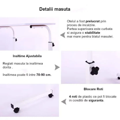 Masă laptop reglabilă pe înălțime, 70–90 cm, blat 40 x 60 cm, cu roți, structură din oțel și lemn