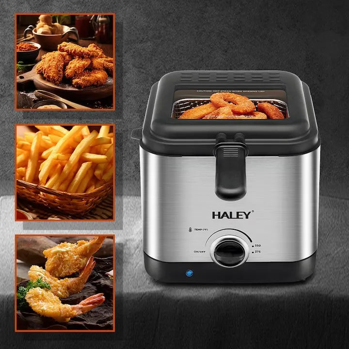 Friteuză electrică HALEY cu ulei, 2.5L, 1000W, termostat reglabil 0–190°C, capac cu geam, sită detașabilă, inox