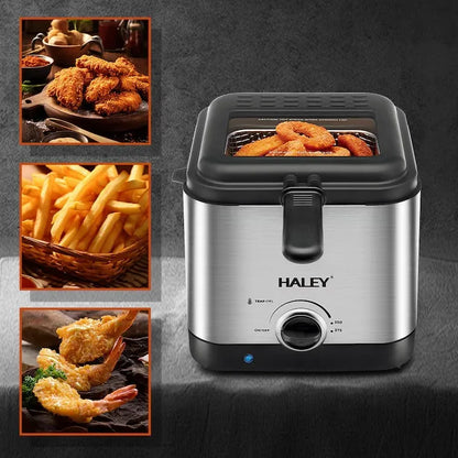 Friteuză electrică HALEY cu ulei, 2.5L, 1000W, termostat reglabil 0–190°C, capac cu geam, sită detașabilă, inox