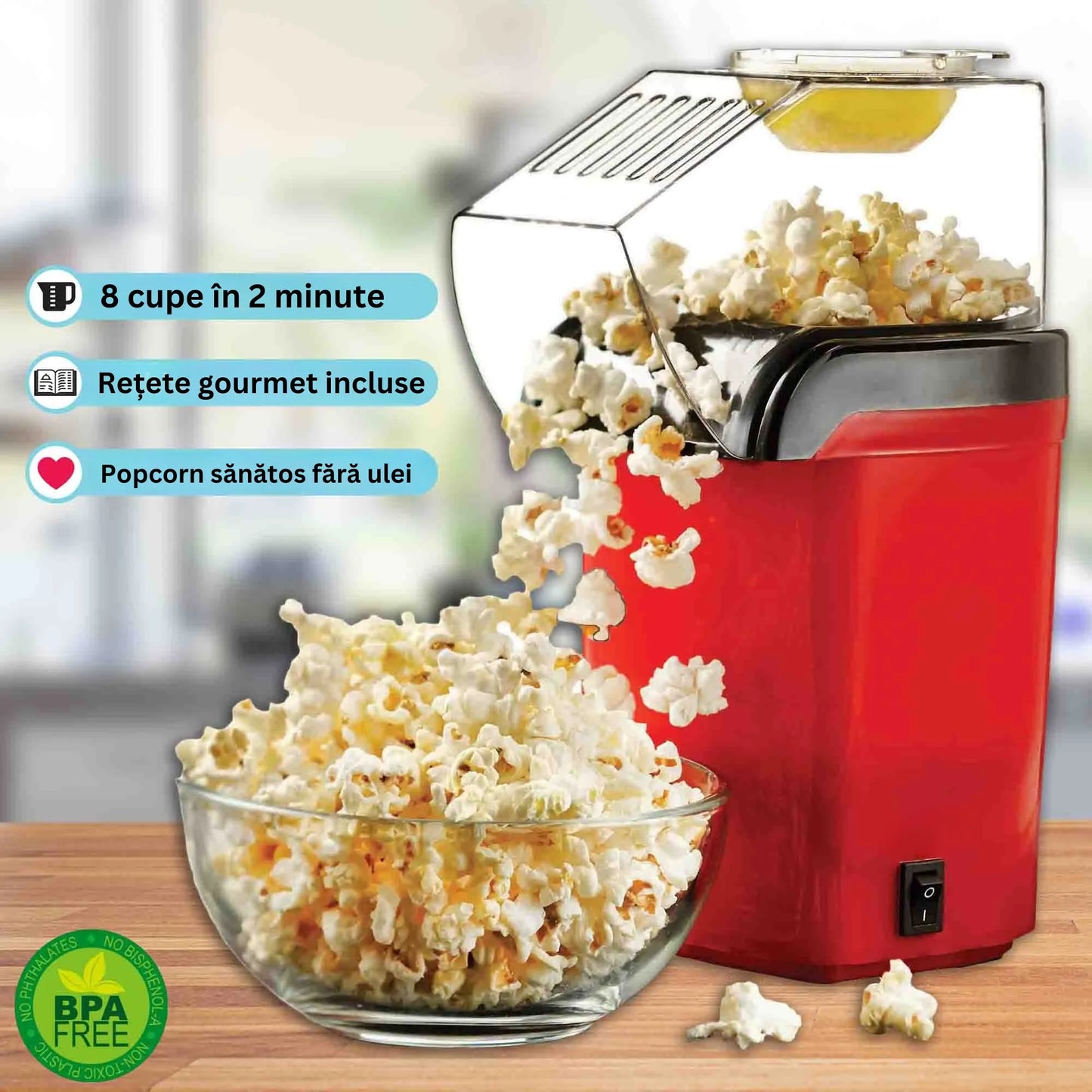 Aparat pentru popcorn fără ulei, 1200W, preparare cu aer cald, tavă pentru unt, gata în 3 minute, roșu