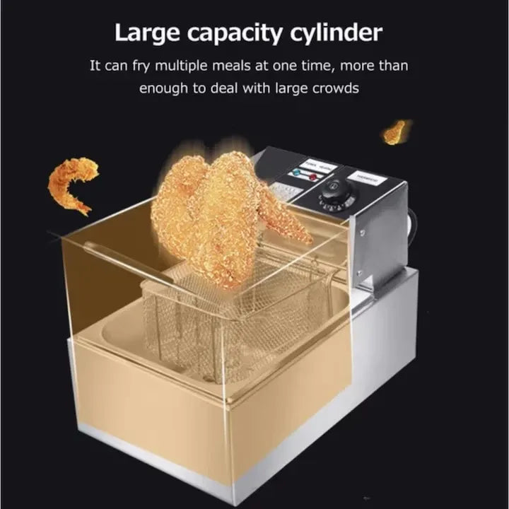 Friteuză electrică din inox, 2500W, capacitate 6L, termostat reglabil, coș prăjire inclus