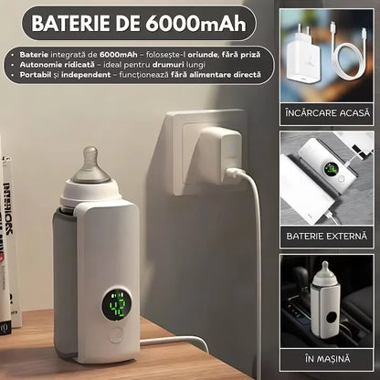 Încălzitor portabil biberoane, ecran digital, baterie 6000mAh, USB-C, temperatură reglabilă