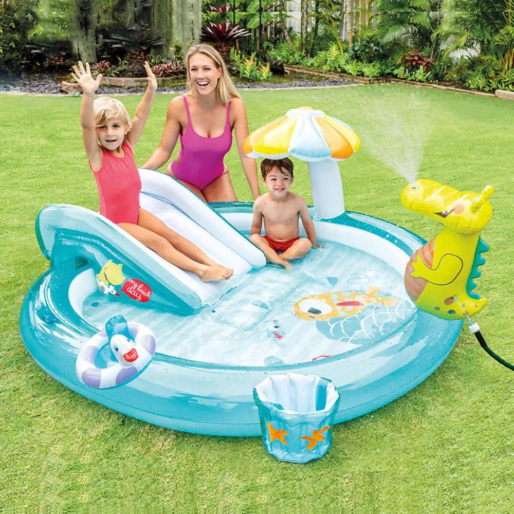 Piscină gonflabilă INTEX pentru copii, centru de joacă crocodil, cu tobogan, parasolar și pulverizare apă