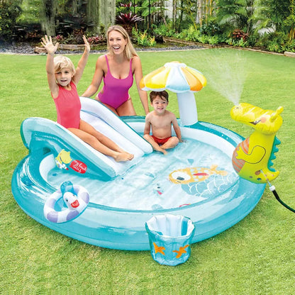 Piscină gonflabilă INTEX pentru copii, centru de joacă crocodil, cu tobogan, parasolar și pulverizare apă