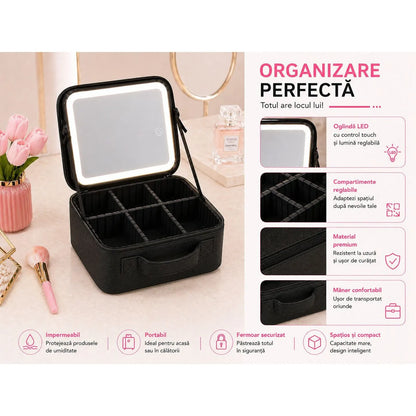Geantă cosmetice cu oglindă LED, compartimente reglabile, capacitate mare, organizator machiaj, pentru călătorii