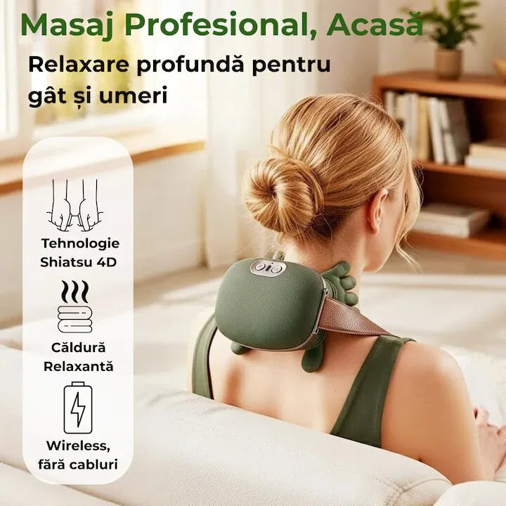 Aparat masaj 4D Shiatsu, pentru gât, umeri și picioare, încălzire 40–45°C, 3 moduri, fără fir