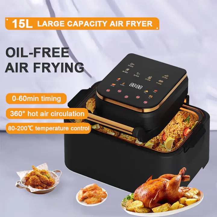 Air Fryer 15L, 2400W, Panou Touch Digital, Funcții Multiple, Gătire cu Aer Cald, Negru