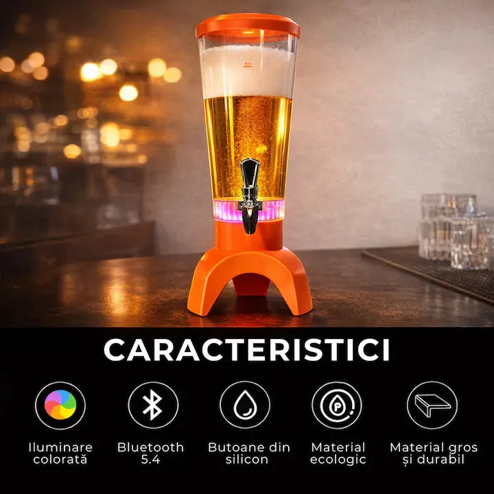 Dozator băuturi 3L, cu iluminare LED, boxă Bluetooth integrată și robinet pentru servire