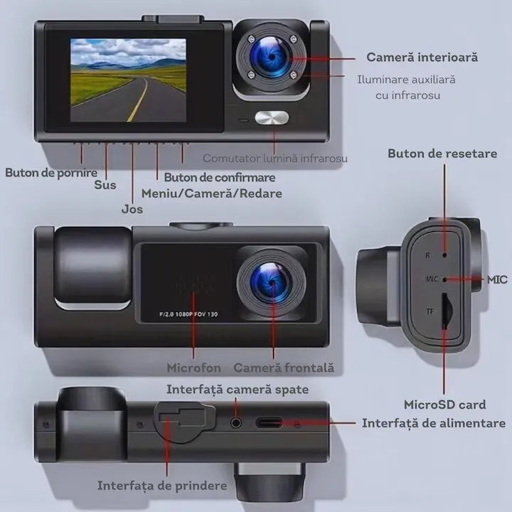 Cameră auto DVR triplă, Full HD 1080P, 3 camere față/spate/interior, unghi 170° și night vision