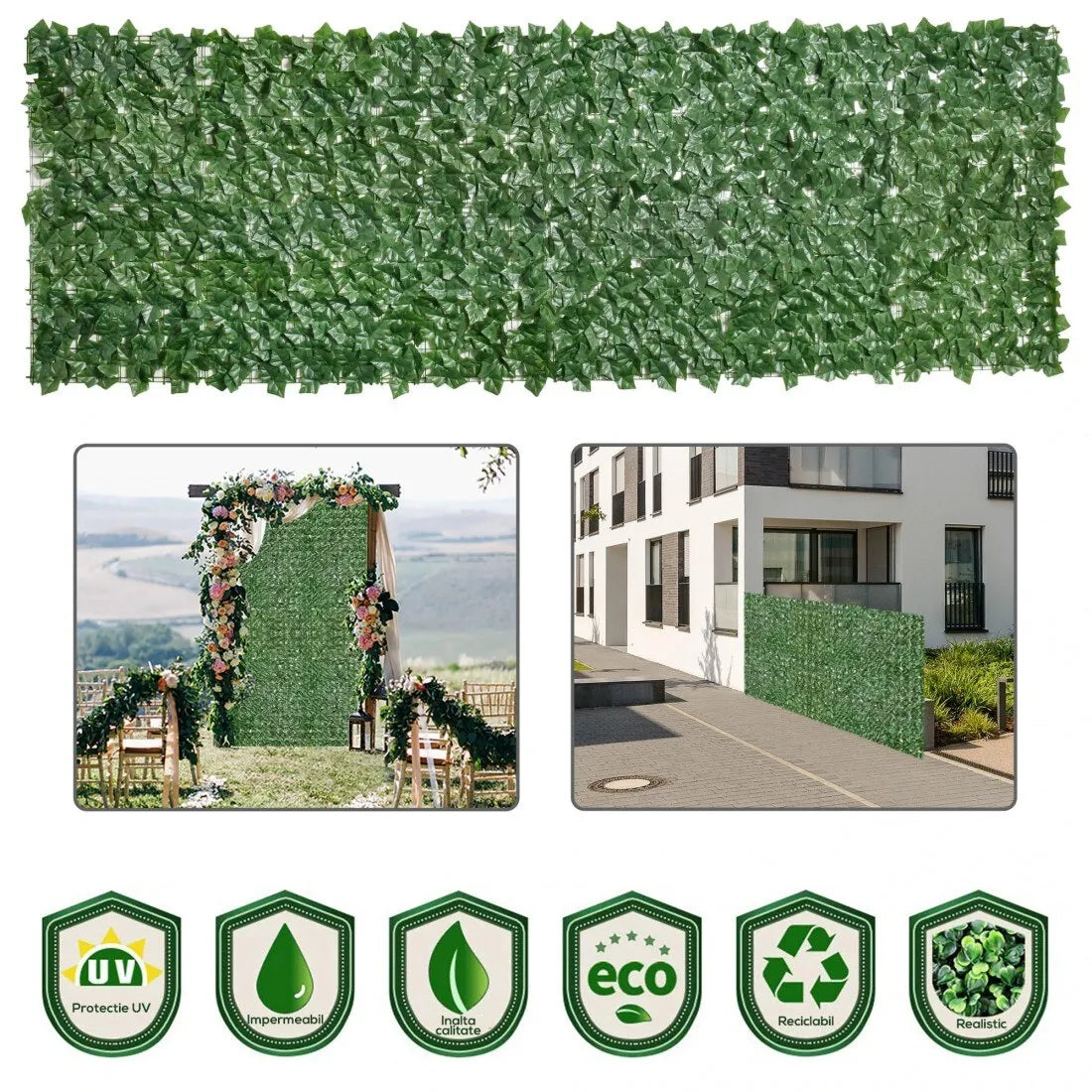 Gard viu artificial 3 x 1 m, panou cu frunze decorative, rezistent UV, pentru interior și exterior
