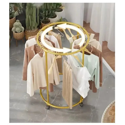Suport rotund pentru haine, 130 cm, oțel inoxidabil, cu roți pivotante, capacitate 40 kg, auriu