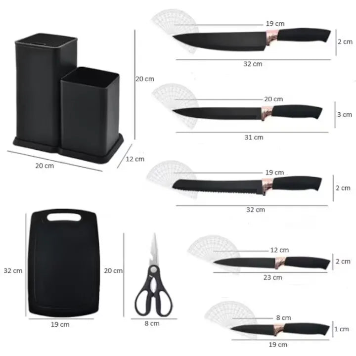 Set ustensile bucătărie 19 piese, silicon și inox, cu 5 cuțite, tocător, foarfecă și suport