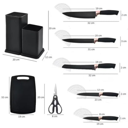 Set ustensile bucătărie 19 piese, silicon și inox, cu 5 cuțite, tocător, foarfecă și suport