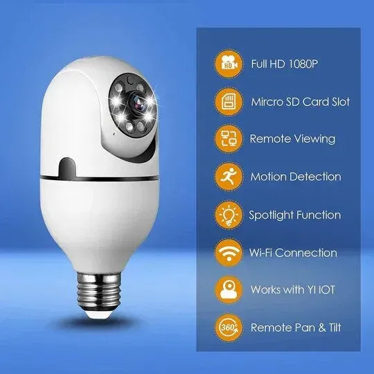 Cameră supraveghere WiFi tip bec E27, Full HD 1080P, vedere nocturnă, detecție mișcare și alarmă
