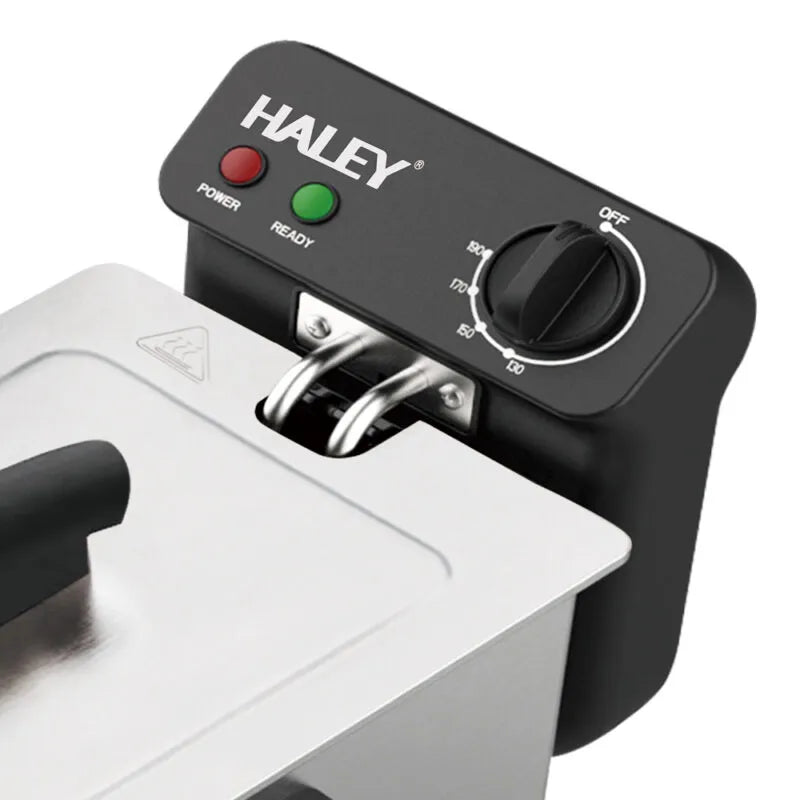 Friteuză electrică HALEY cu ulei, 4L, 2000W, termostat reglabil 120–190°C, inox, coș prăjire, argintiu