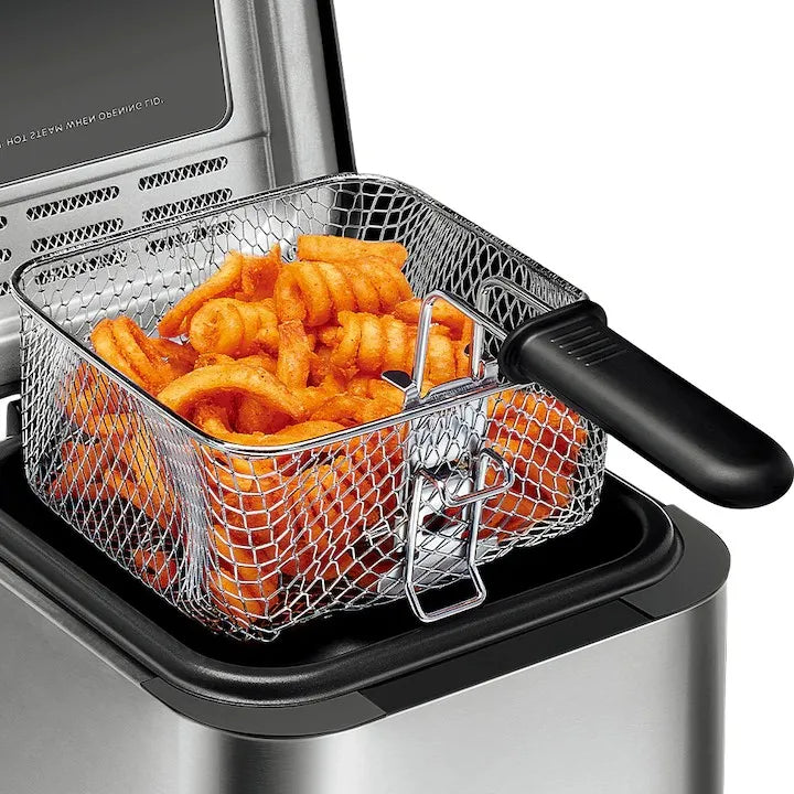 Friteuză electrică HALEY cu ulei, 2.5L, 1000W, termostat reglabil 0–190°C, capac cu geam, sită detașabilă, inox