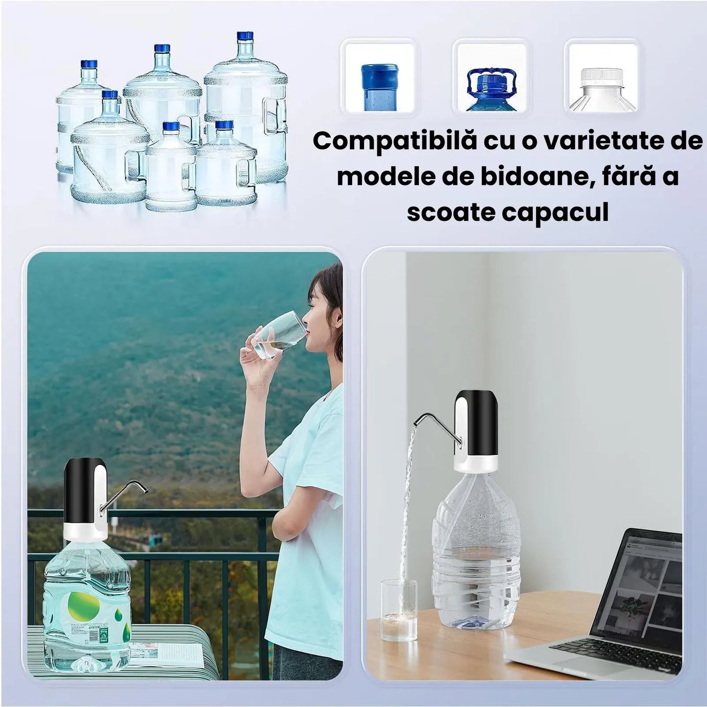 Pompă electrică pentru apă, dozator portabil pentru bidon 5–20L, USB, baterie 1200mAh, tub inox