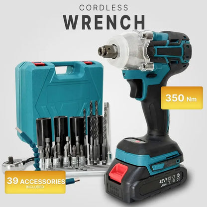 Mașină de găurit și înșurubat cu impact, 2 acumulatori 48V, 40 accesorii, 350 Nm, valiză transport