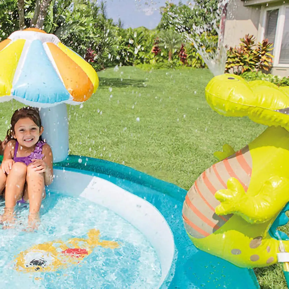 Piscină gonflabilă INTEX pentru copii, centru de joacă crocodil, cu tobogan, parasolar și pulverizare apă